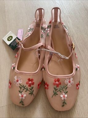 Wild Fable Pink Floral Embroidered Mesh Flats